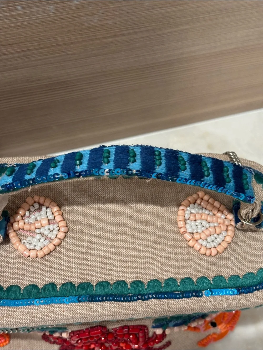 NWT Made in India beaded Crab & Shrimp Canvas Top-Handle Bag